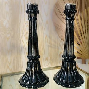 Set Shiny black glass candle sticks - goth boho